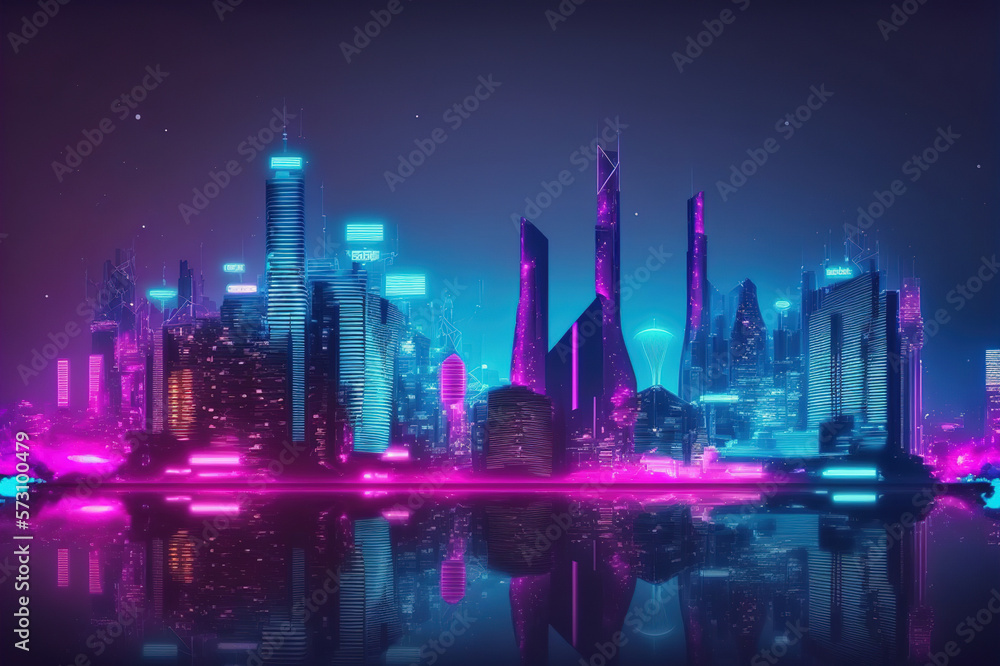 Futuristic city with neon light pink and blue illuminated skyline . Sublime Generative AI image .