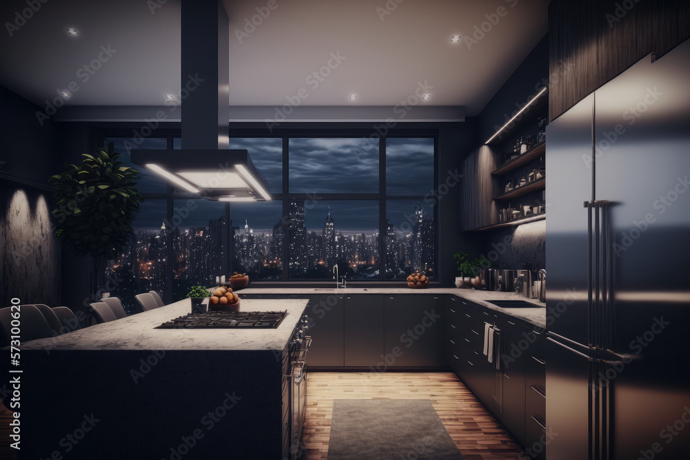 Luxury apartment kitchen at night . Luxury interior decoration design. Peculiar AI generative image.