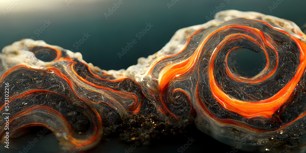 Sedate realistic marco detailed orange and teal alcohol ink ripples pattern in agate design. Closeup