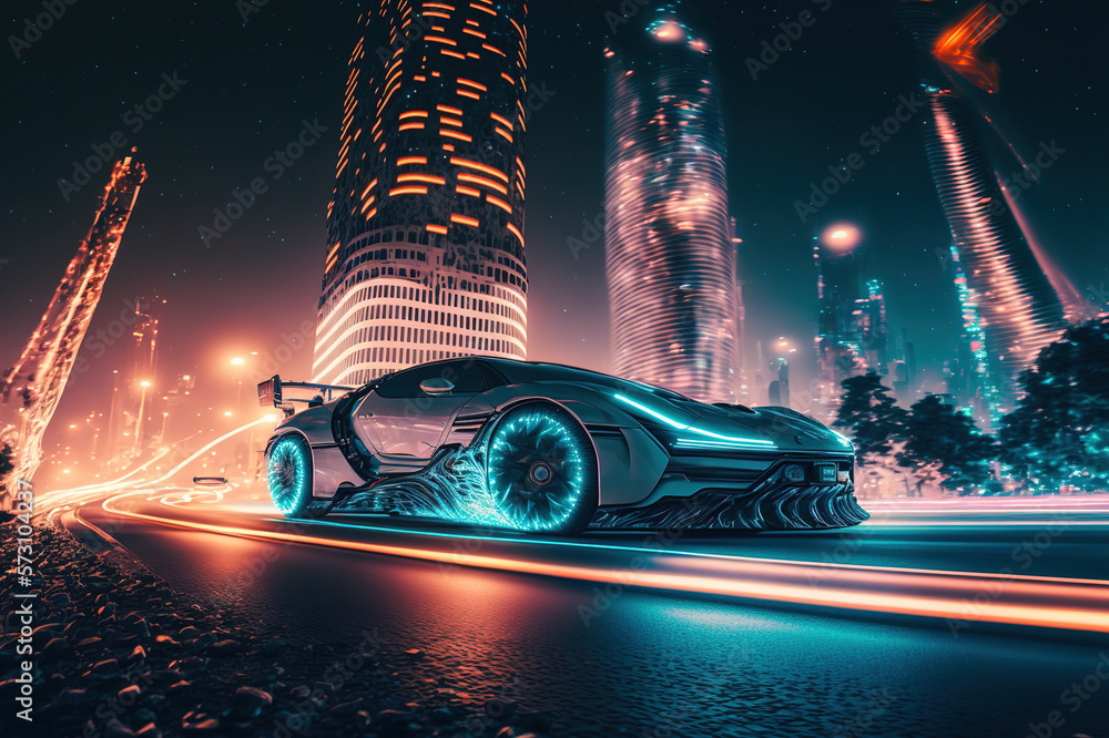 Racing sports car driving on urban city road with luxury digital technology . Sublime Generative AI 