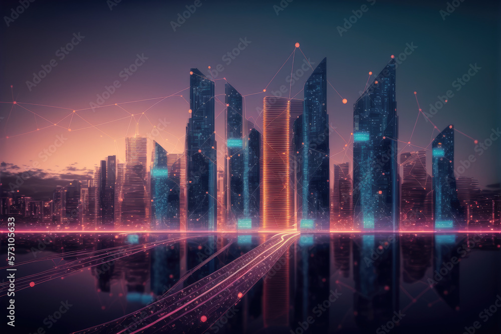 Smart city with communication network graphic connecting the city with wireless internet technology.