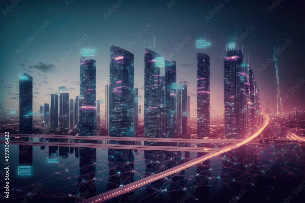 Smart city with communication network graphic connecting the city with wireless internet technology.