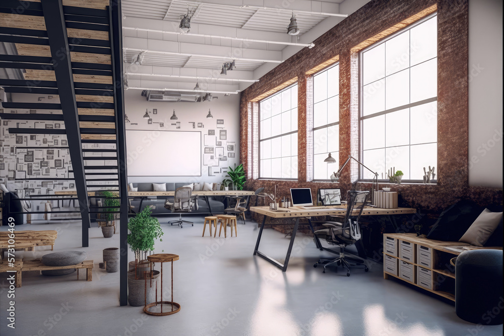 Luxury workspace office decorated with industrial loft modern interior design. Peculiar AI generativ