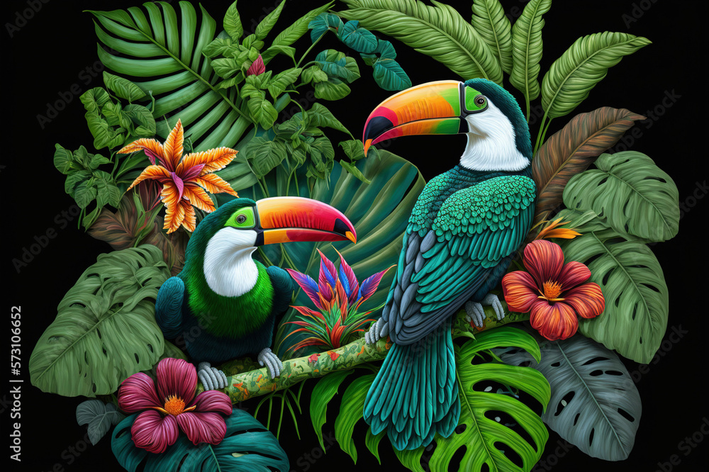 Various tropical leaves and birds exotic wallpaper design . Sublime Generative AI image .