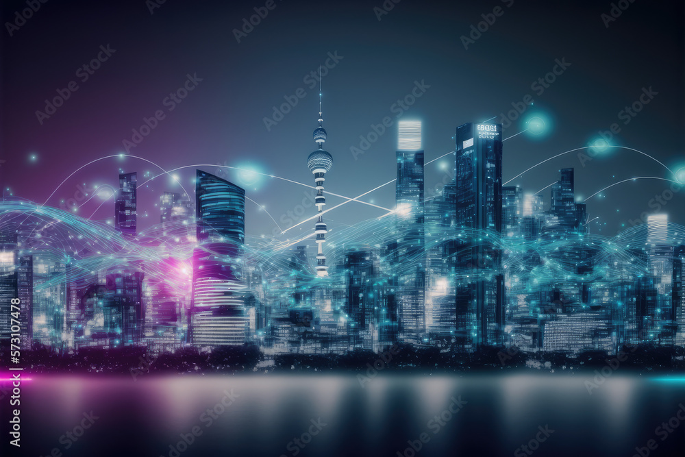 Smart city with communication network graphic connecting the city with wireless internet technology.