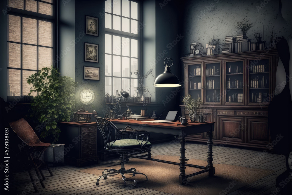 Antique home interior with working space and study desk in elegant room. Peculiar AI generative imag