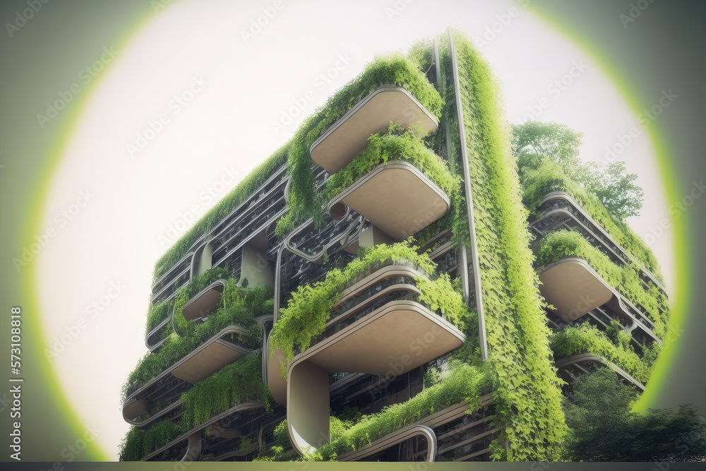 Eco friendly green building with vertical garden in modern city for sustainable clean environment. P