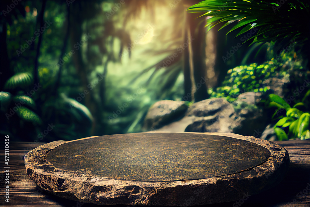 Empty stone table for product advertising display in fresh green jungle blur background . Admirable 