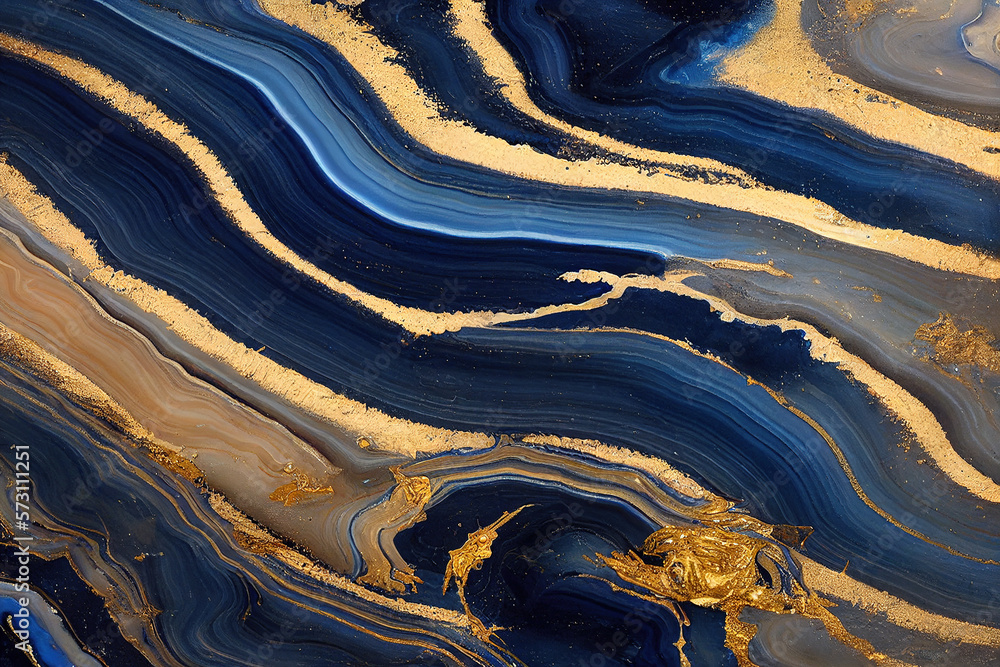 Abstract art background with a fluid marble blue and gold texture. Splendid generative AI luxury abs