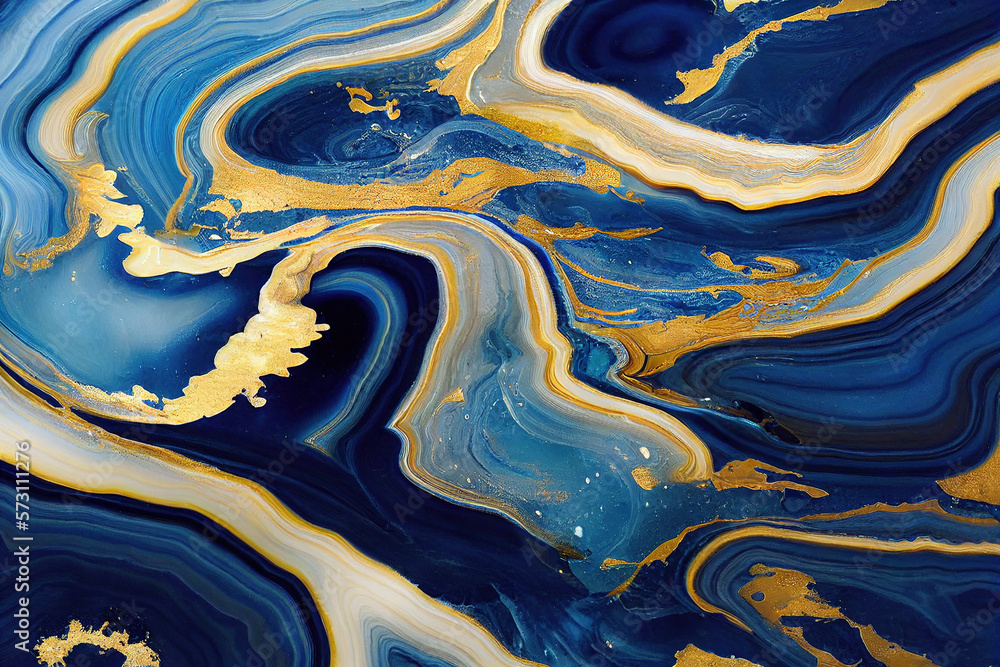 Abstract art background with a fluid marble blue and gold texture. Splendid generative AI luxury abs