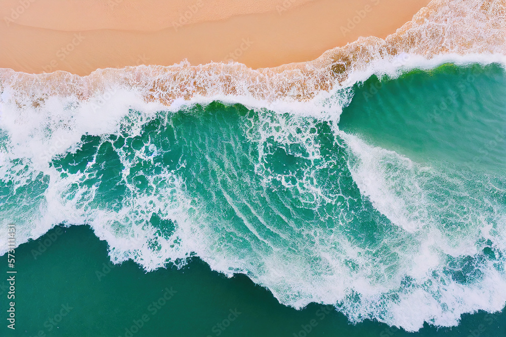 Spectacular top view from drone photo of beautiful beach with relaxing sunlight, sea water waves pou