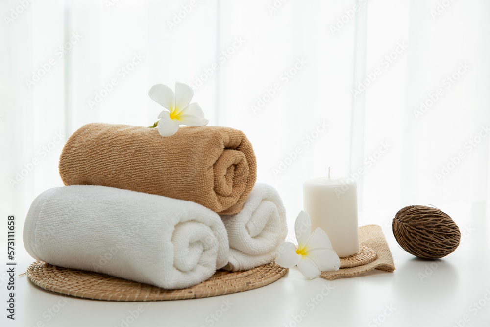 Spa accessory composition set in day spa hotel , beauty wellness center . Spa product are placed in 