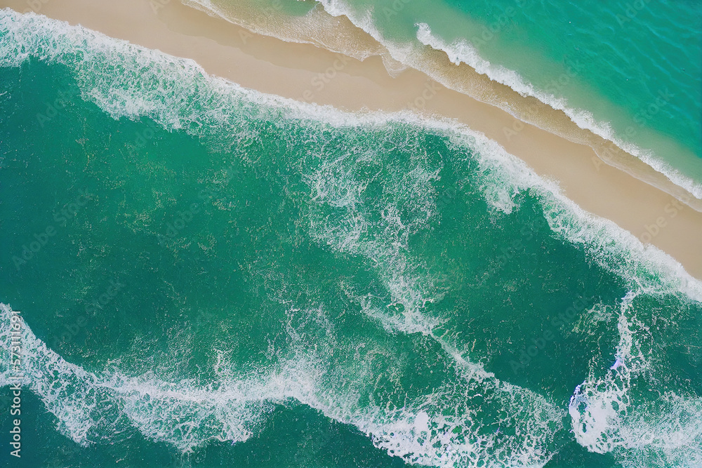 Spectacular top view from drone photo of beautiful beach with relaxing sunlight, sea water waves pou