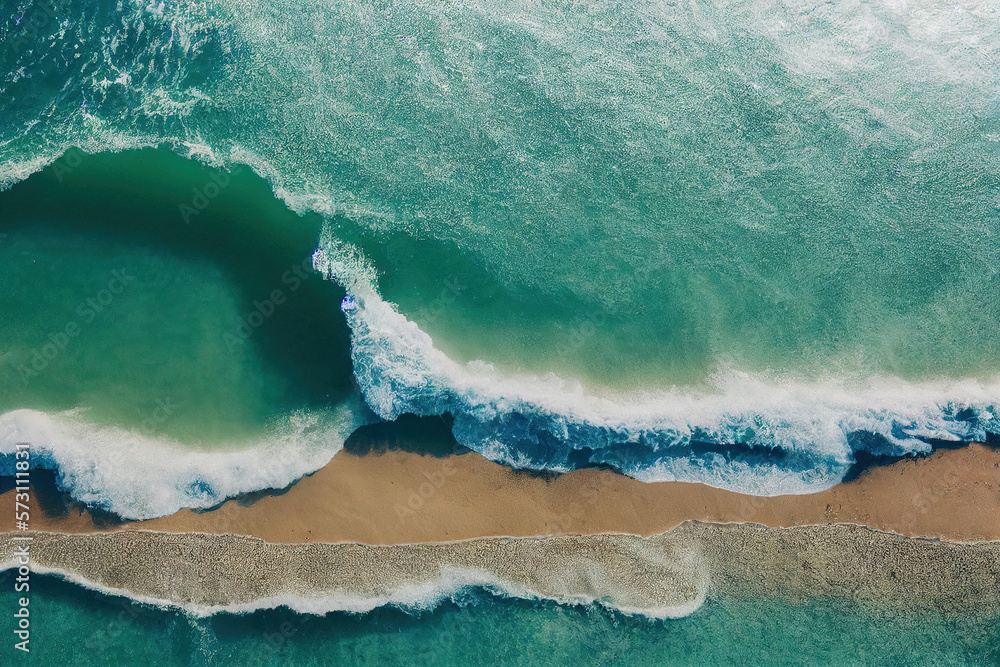 Spectacular top view from drone photo of beautiful beach with relaxing sunlight, sea water waves pou