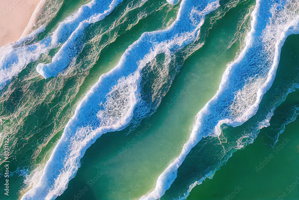 Spectacular top view from drone photo of beautiful beach with relaxing sunlight, sea water waves pou