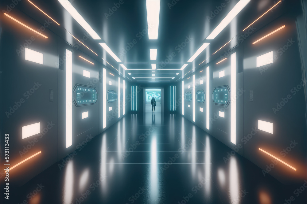 Empty sci-fi futuristic room of spaceship with blue light decoration . Super modern interior design.