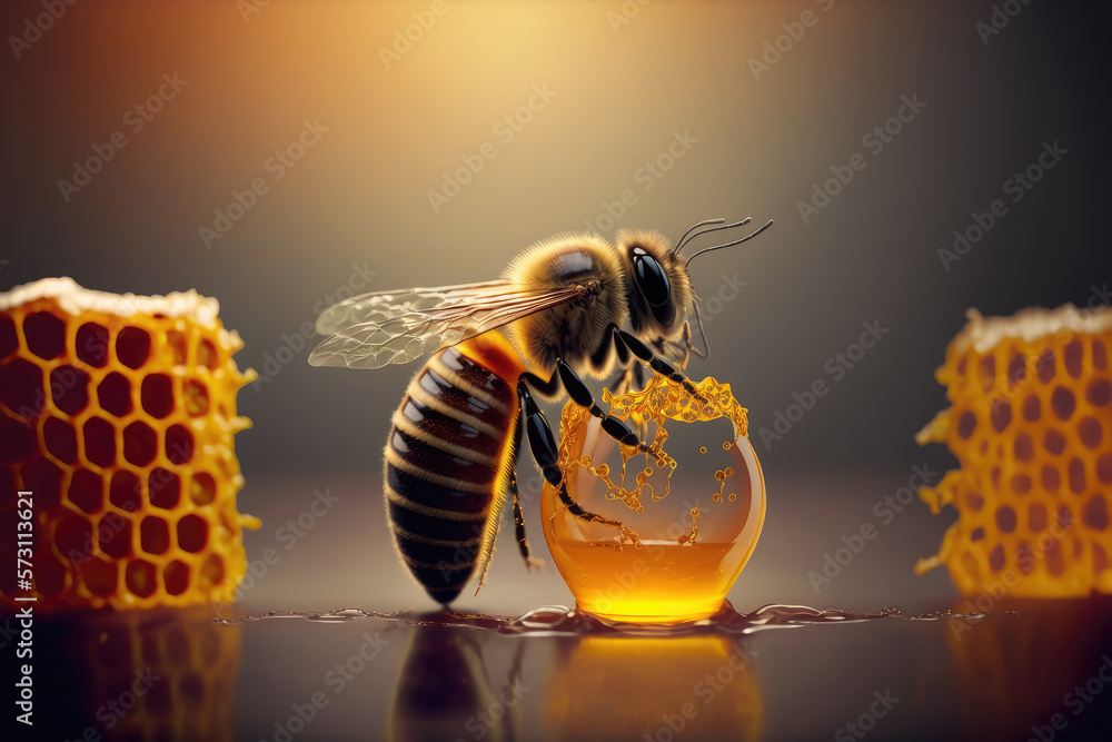 Bee and honey from close up view of nature insect. Peculiar AI generative image.