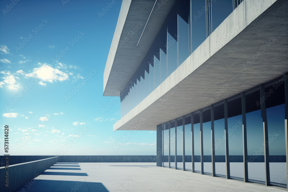 Modern architecture exterior of public hall entrance in urban building outdoor under bright sky with