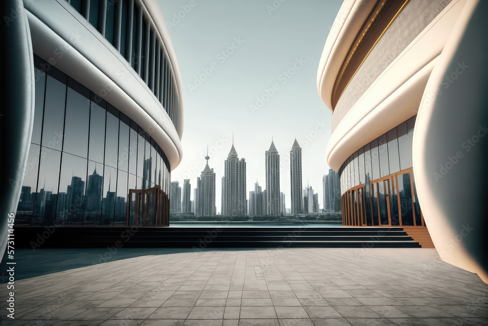 Modern architecture building design with empty concrete floor and urban city skyline in background s