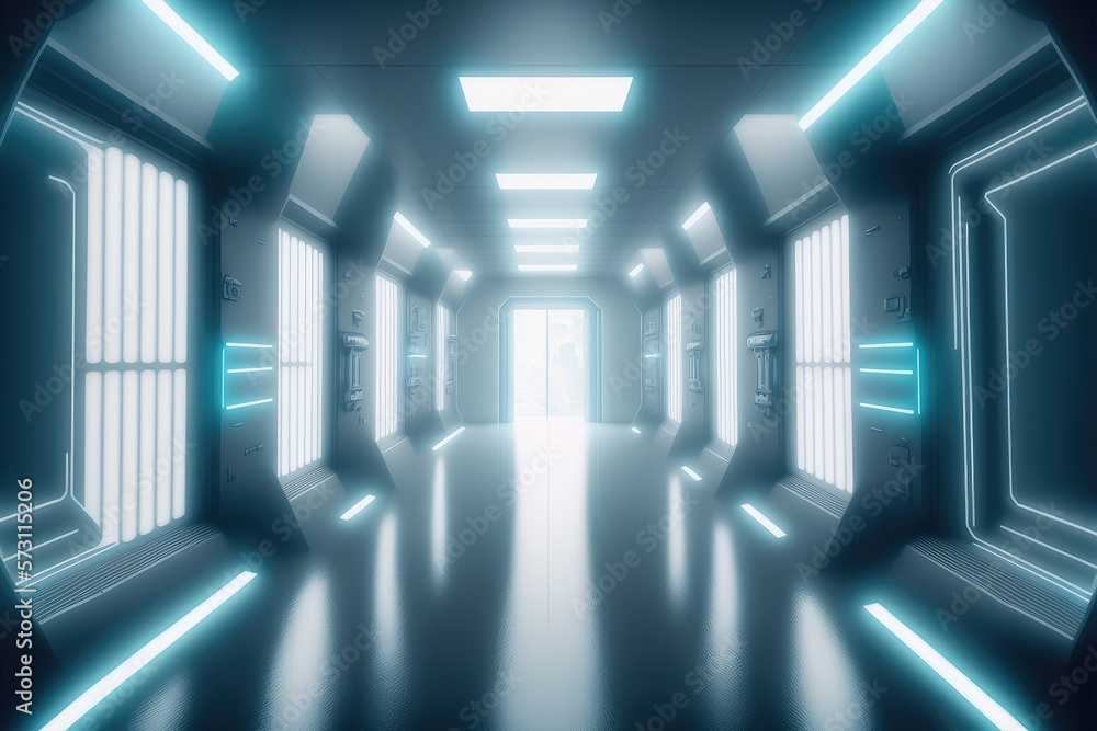 Empty sci-fi futuristic room of spaceship with blue light decoration . Super modern interior design.