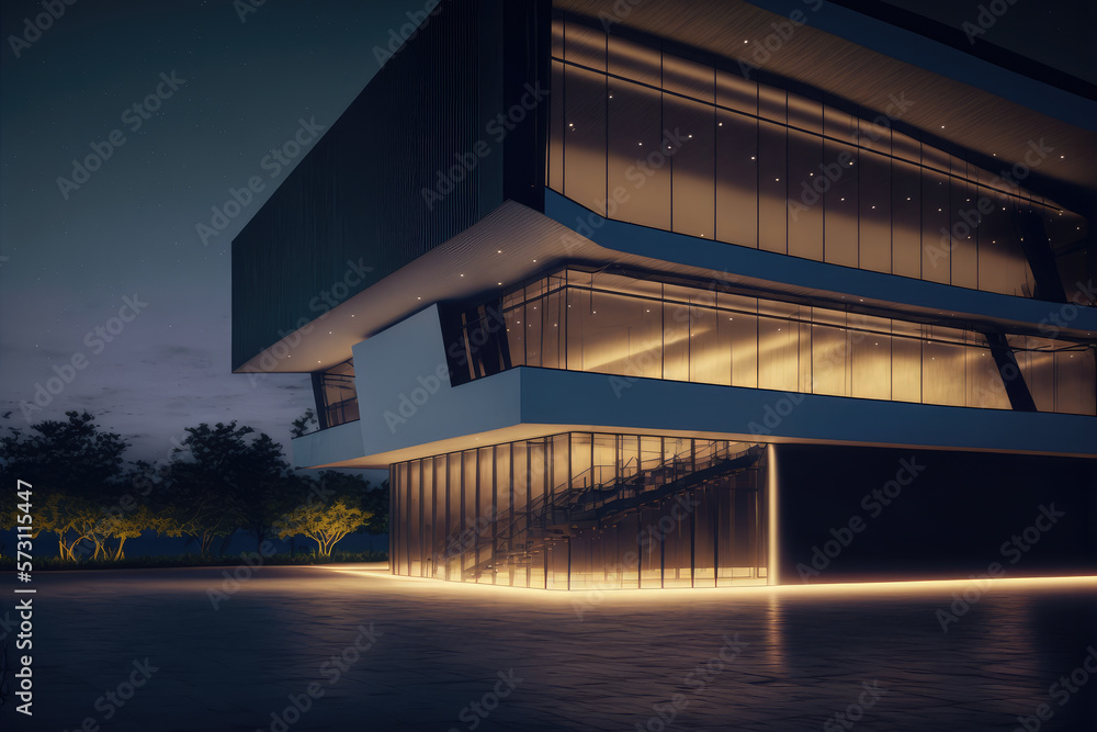 Office buildings and modern architecture at night. Peculiar AI generative image.