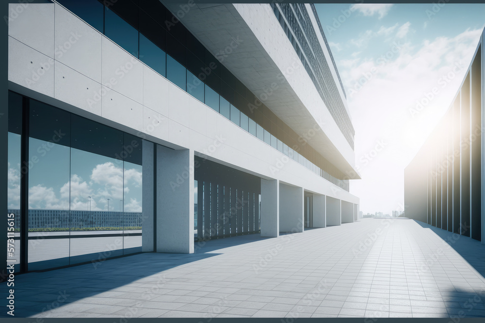 Modern architecture exterior of public hall entrance in urban building outdoor under bright sky with