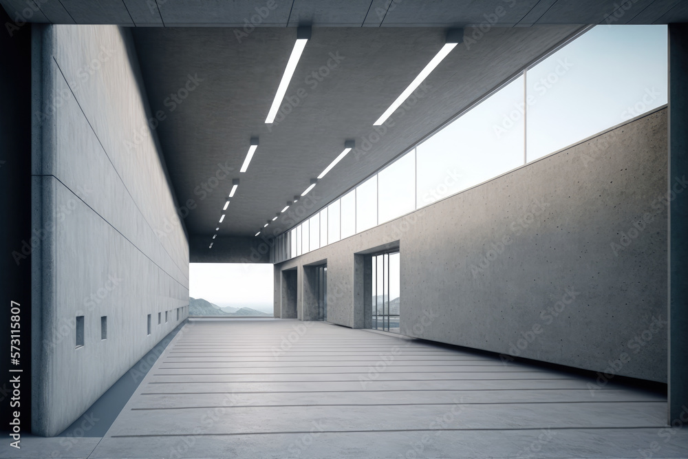 Modern architecture exterior of public hall entrance in urban building outdoor under bright sky with