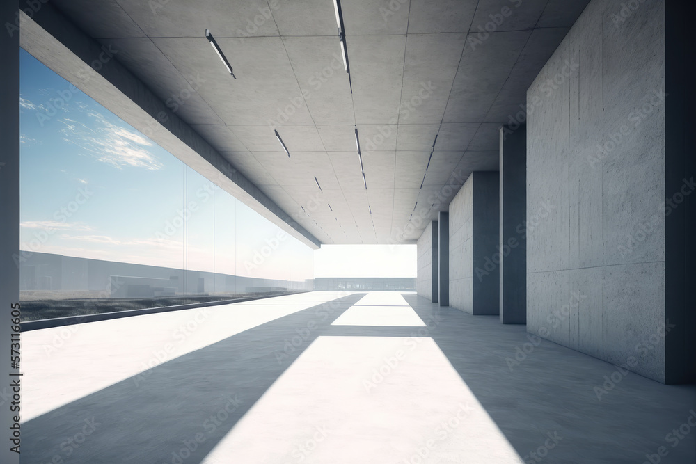 Modern architecture exterior of public hall entrance in urban building outdoor under bright sky with