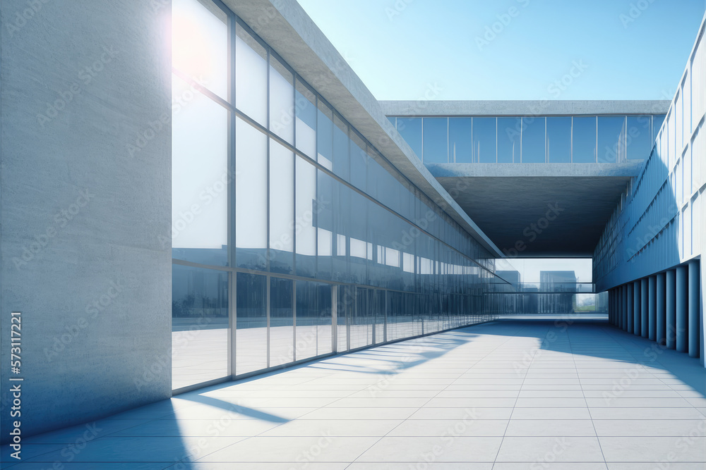 Modern architecture exterior of public hall entrance in urban building outdoor under bright sky with