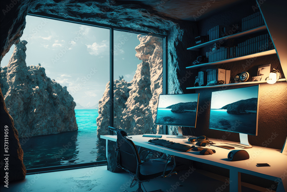 Imaginary home workspace in rocky cave with a large window overlooking ocean ridge landscape . Dream