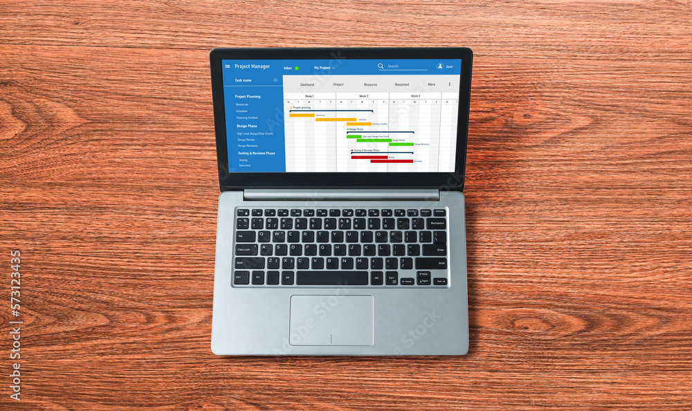 Project planning software for modish business project management on the computer screen showing time