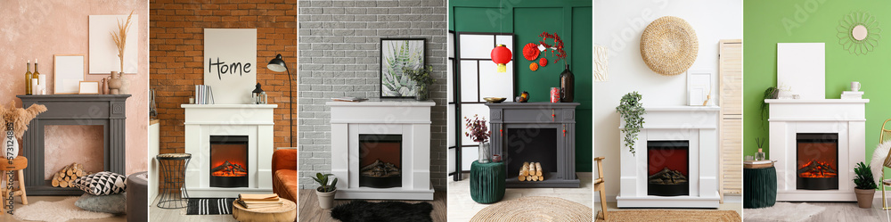 Set of fireplaces with different domestic decorations near walls in rooms