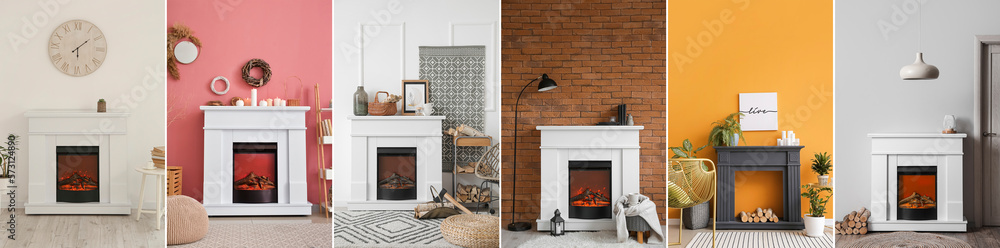 Collection of fireplaces with different domestic decorations near walls in rooms