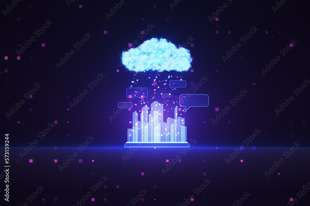 Glowing urban cloud and city communication hologram on blurry blue tech background. Smart city and I