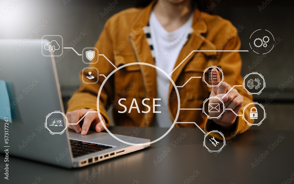 SASE Secure Access Service Edge concept Hand touching Secure Access Service Edge icon on virtual scr