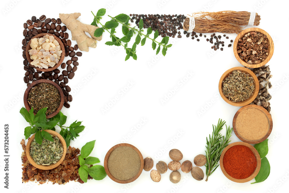 Nervine herb and health food background frame. Ingredients used as a nerve tonic to support the nerv