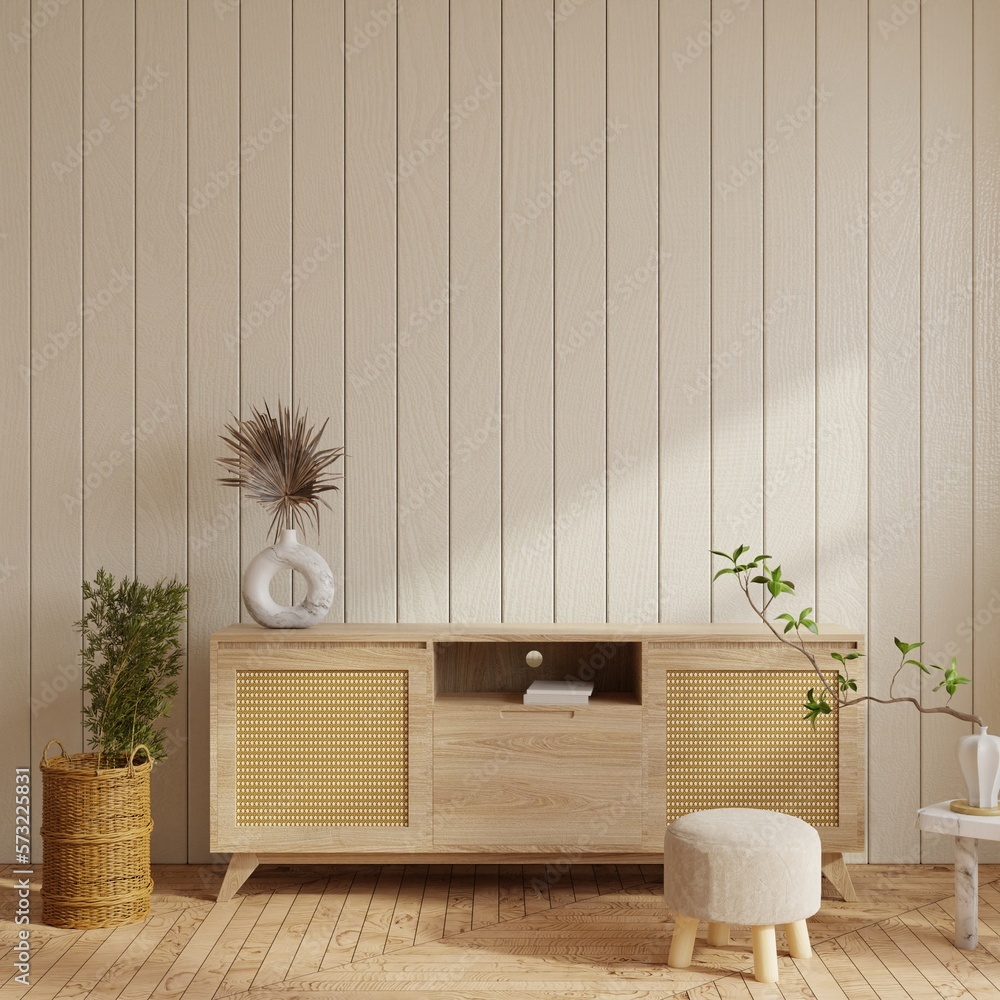 Cabinet in living room interior wall mockup on wooden wall.