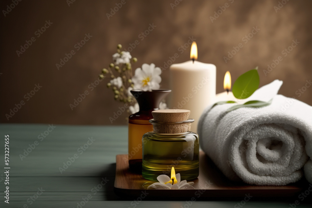 AI Generative image, spa accessory composition set in spa hotel , beauty wellness center . Spa produ