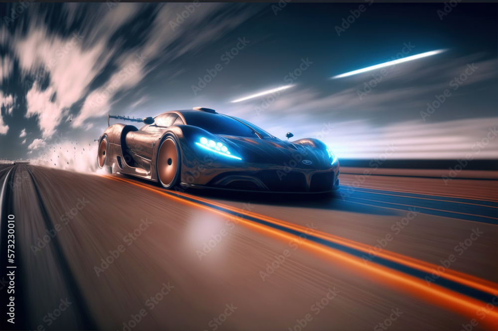 Speeding fast sports car drives on highway road with motion blur effects creating light trailing env