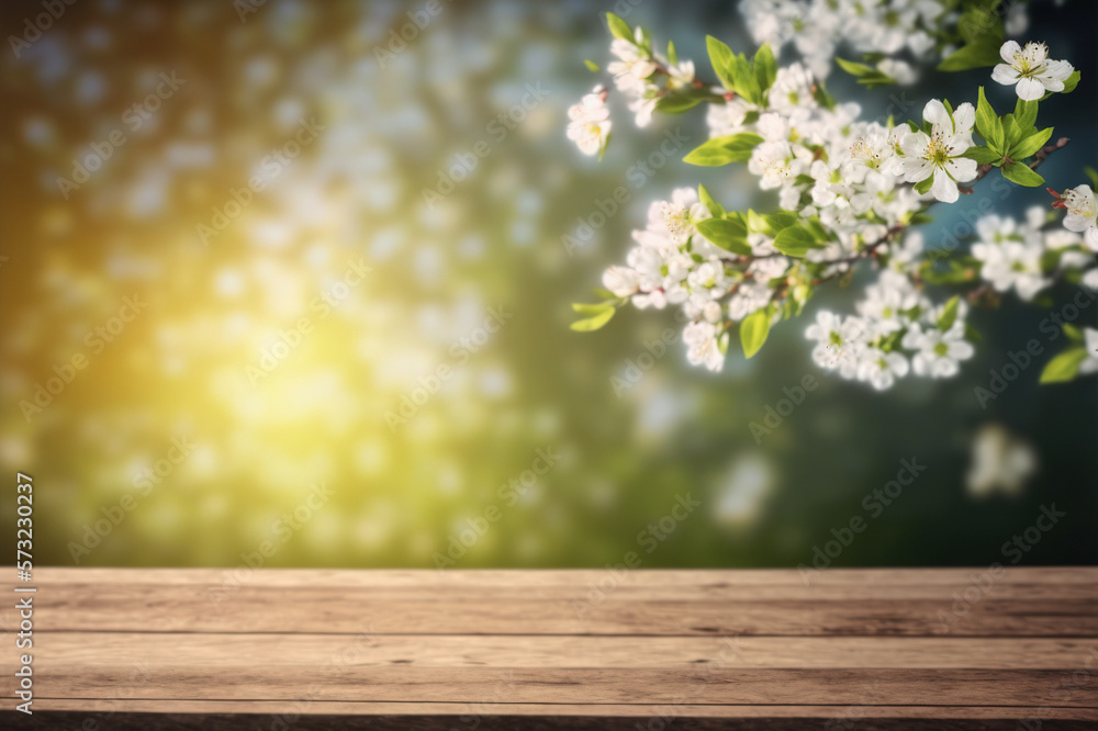 Empty table for product display with flower spring blur background . Sublime Generative AI image .