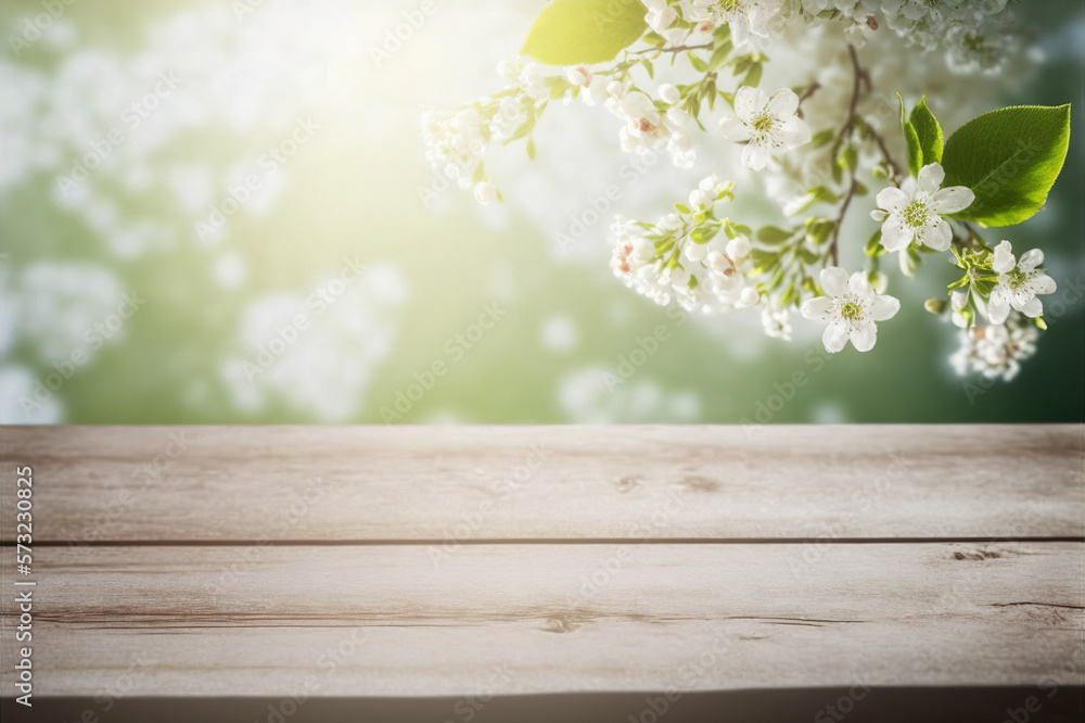 Empty table for product display with flower spring blur background . Sublime Generative AI image .