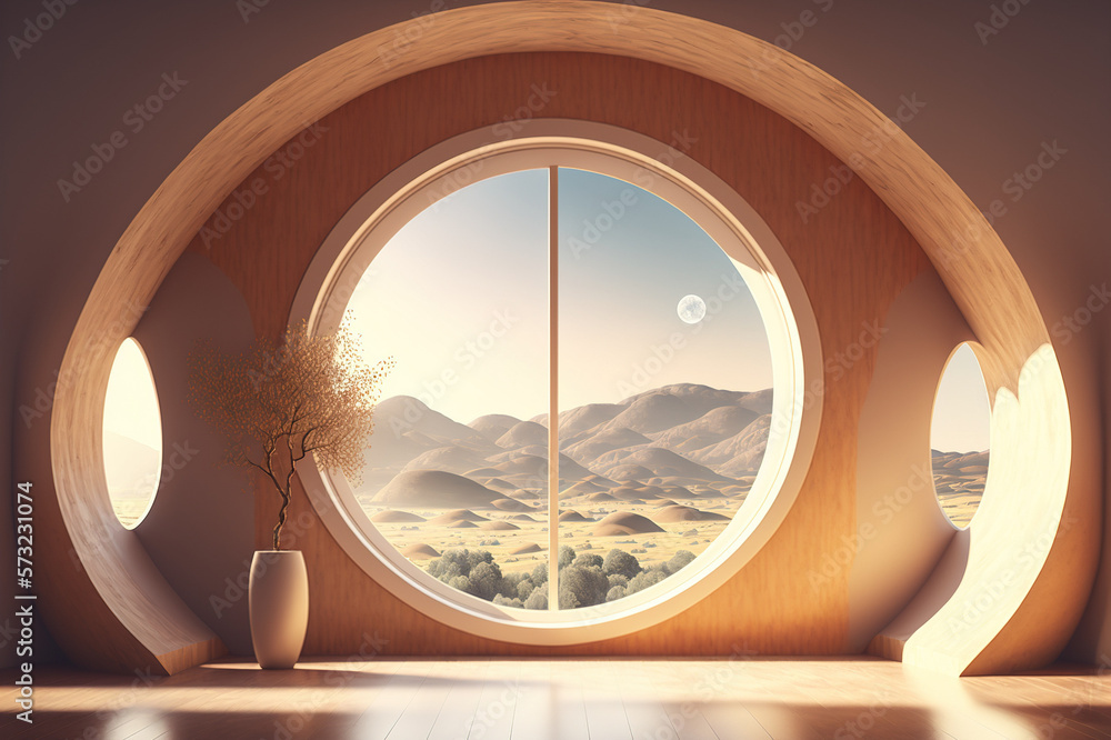 A room with round glass window overlooking beautiful landscape background . Hotel futuristic showroo