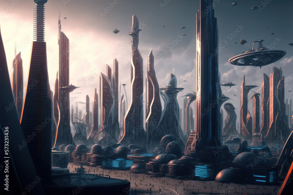 Skyline of futuristic city with fictional architecture in panoramic view . Megalopolis landscape wit