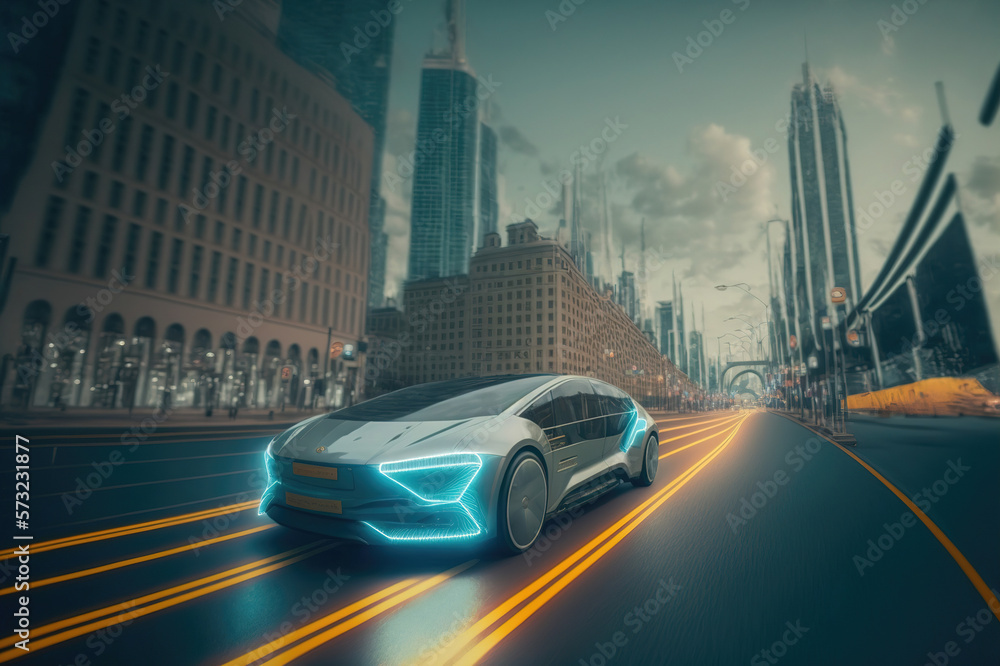 Fast electric car with luxury futuristic autonomous sensor software driving on road in downtown city