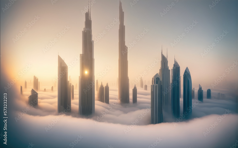 Top of skyscrapers building high above the clouds in the morning sunrise . Futuristic architecture o