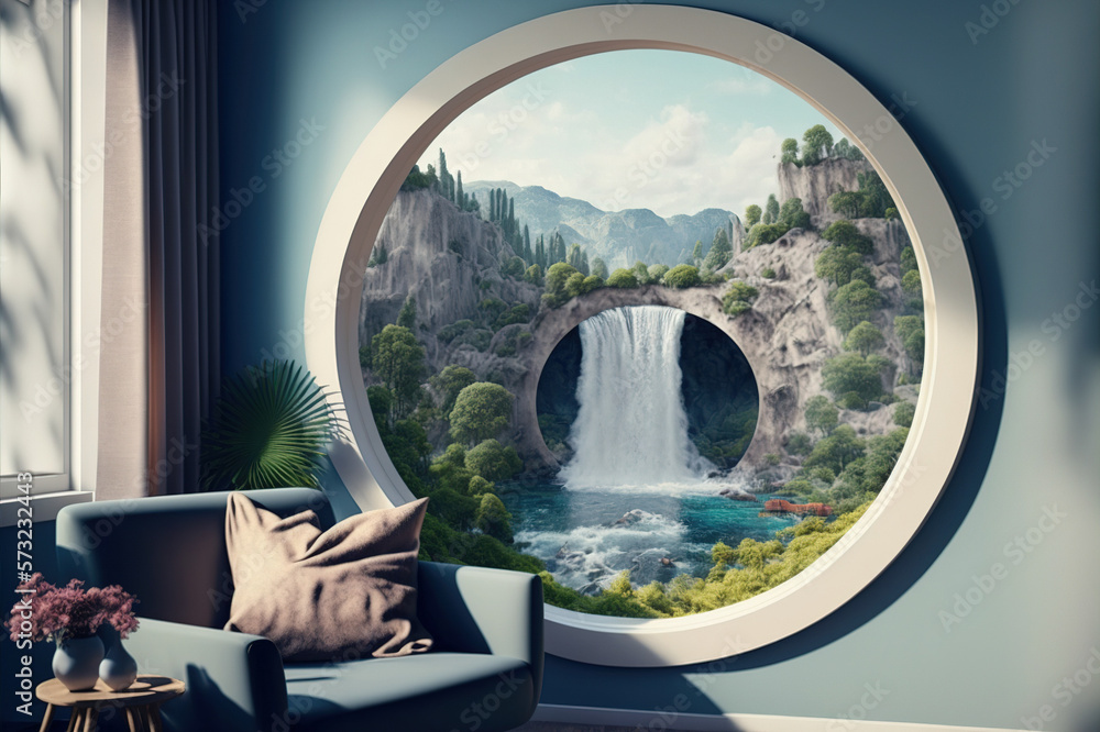 A room with round glass window overlooking beautiful landscape background . Hotel futuristic showroo