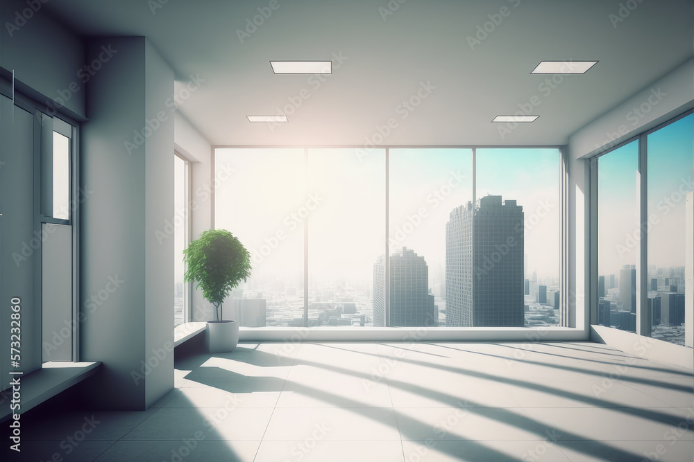 Empty modern office background in city center . Workspace interior design . Clean and bright office 