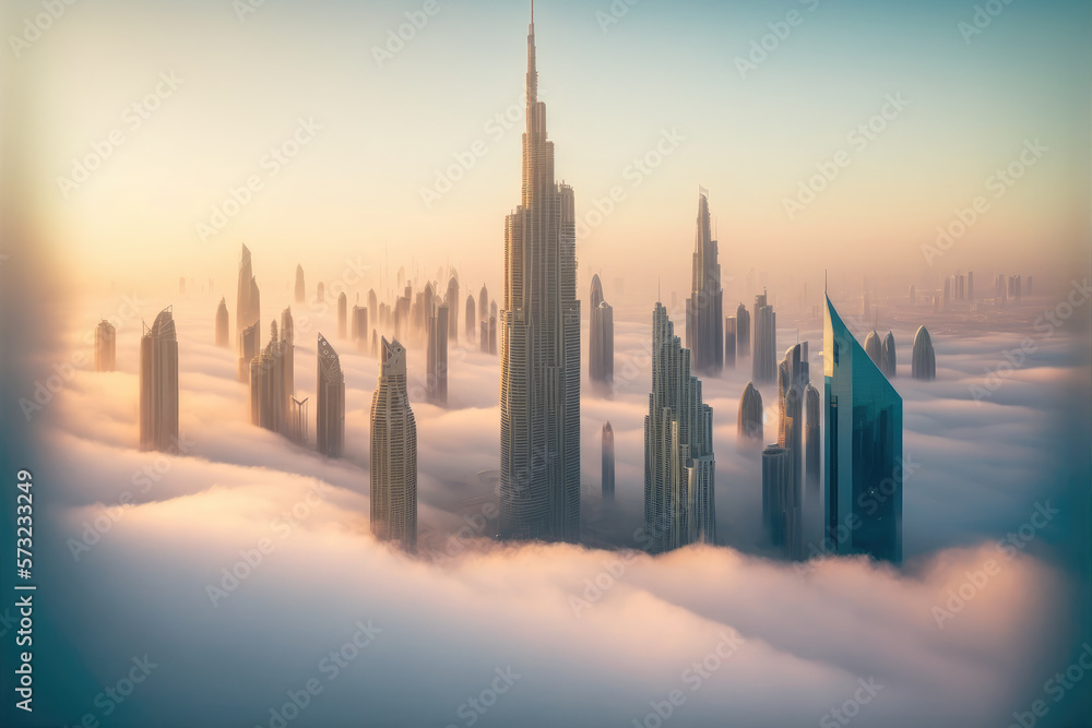 Top of skyscrapers building high above the clouds in the morning sunrise . Futuristic architecture o