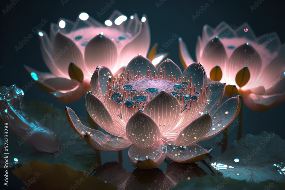 Dreamlike image of light glowing lotus flower or water lily with transparent pink illumination under