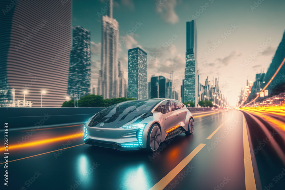 Fast electric car with luxury futuristic autonomous sensor software driving on road in downtown city